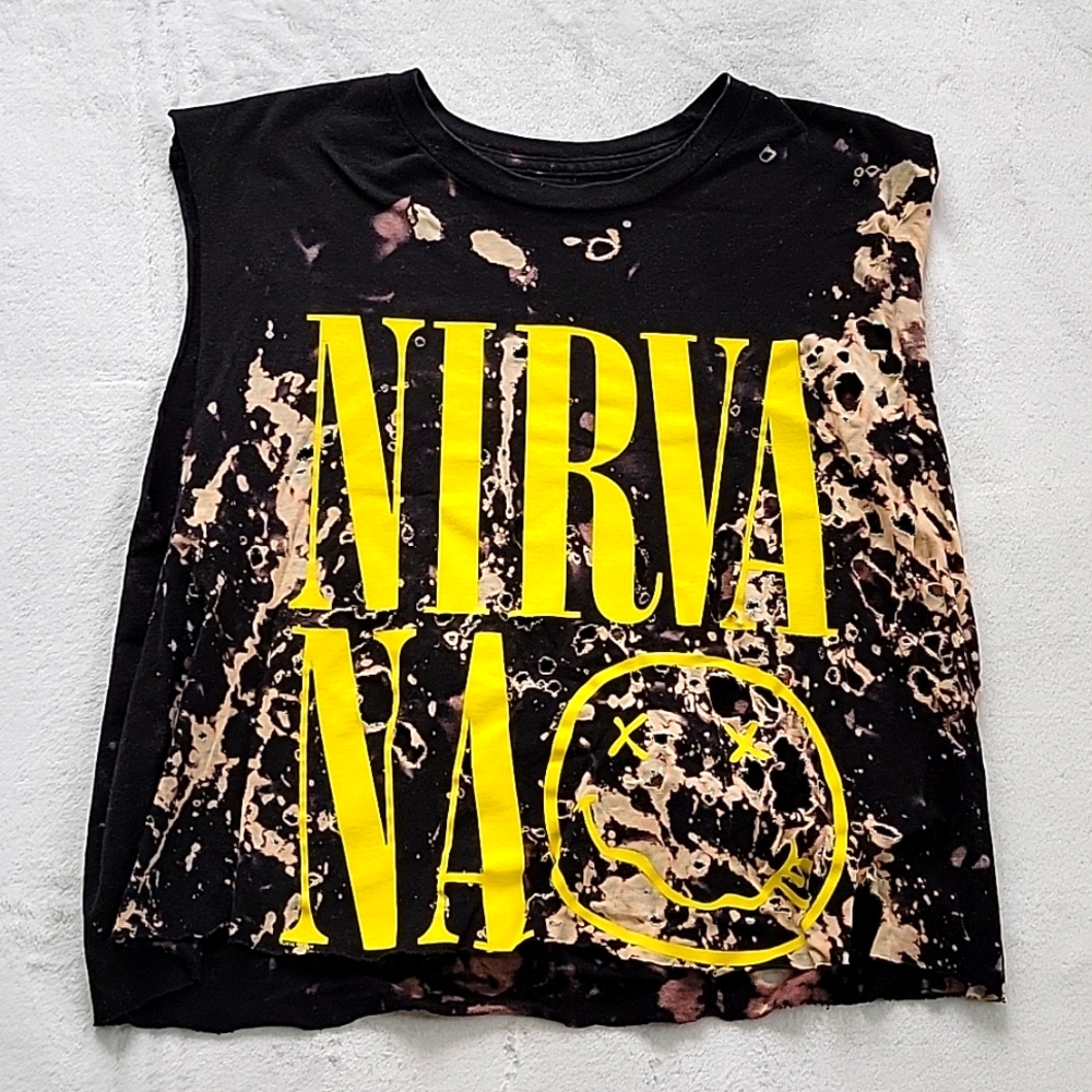 🎧 NIRVANA GRAPHIC BLEACHED DISTRESSED MUSCLE TANK T SHIRT OVERSIZED LARGE TOP